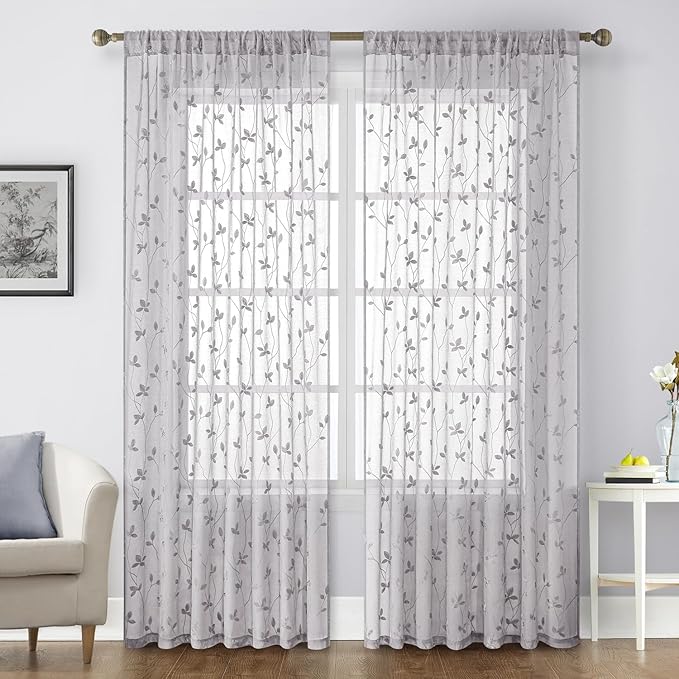 HOMEIDEAS Light Grey Sheer Curtains 52 X 96 Inches Length 2 Panels Embroidered by HOMEIDEAS
