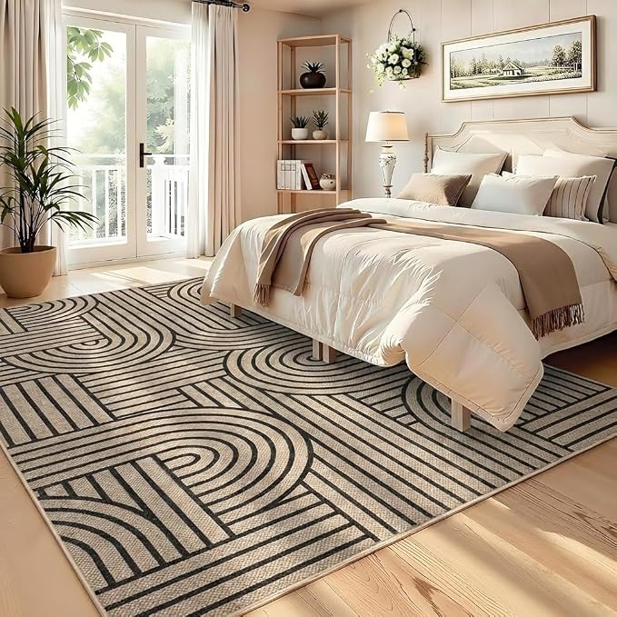 COZYLOOM 5x7 Waterproof Outdoor Patio Rug, Abstract Geometric Striped Easy Jute Rugs for Living Room, Non Slip Non Shedding Modern Area Rug for Entryway, Bedroom, Dining Room, Porch, Natural Color