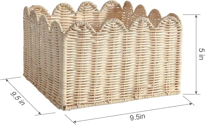 Scalloped Basket, Wicker Storage Baskets, Hand Woven Baskets for Shelves,Natural Baskets for Organizing (Rattan&S-9.5" L x 9.5" W x 5.6" H)