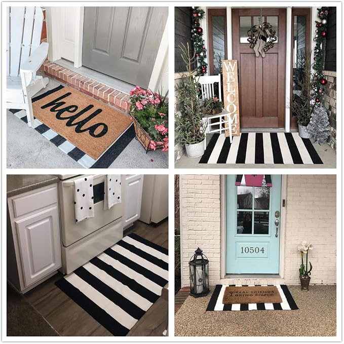 KaHouen Cotton Black and White Striped Rug (27.5 x 43 Inches), Washable Hand-Woven Stripe Outdoor Front Door Mat for Layered Door Mats/Porch/Kitchen/Bathroom/Laundry Room.