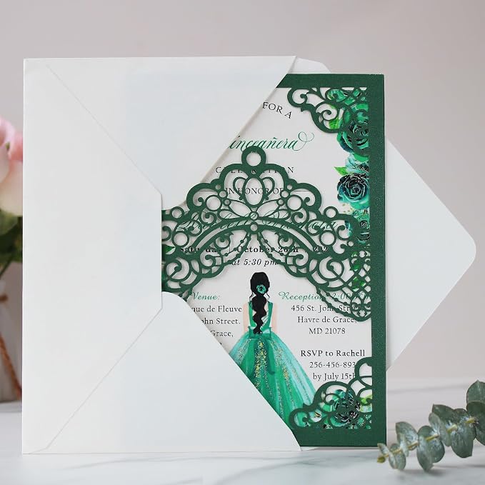 Hosmsua 50PCS Blank Emerald Green Crown Quinceanera Invitations with Envelopes, 5.1x7.3 Inch Laser Cut Floral Pocket Invitation Cards for Quinceanera Birthday Quince Anos Invite
