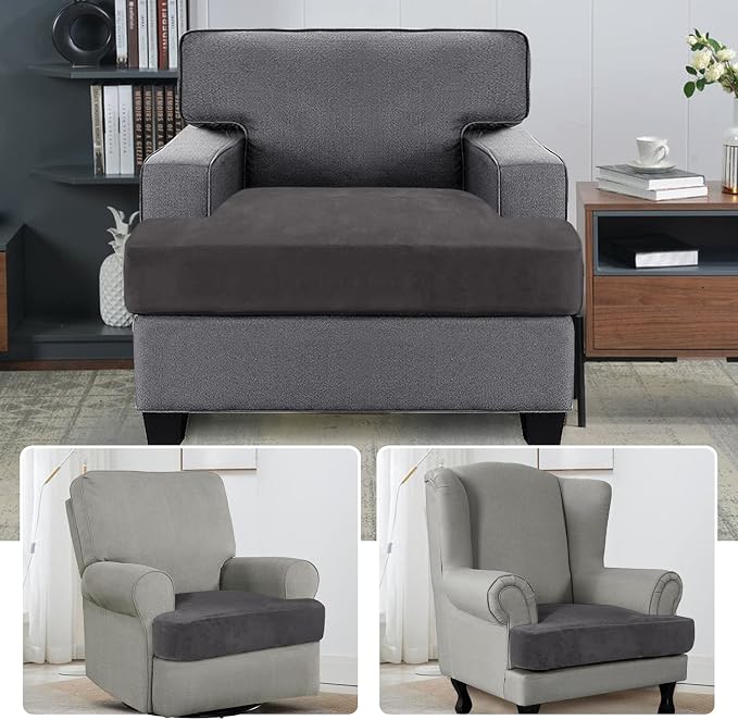H.VERSAILTEX Stretch Velvet T Cushion Chair Covers for Living Room Armchair Sofa Cover Couch Cover Slipcover T Cushion Seat Cover Stay with Elastic Bands(Armchair,Grey)