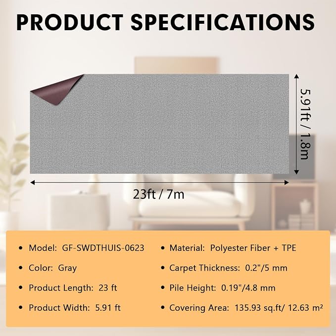 Grefinity Marine Carpet,6 FT x 23 FT Gray Indoor Outdoor Carpet 0.2" Thick Boat Rug with Water-Proof TPE Backing for Home, Patio, Porch, Deck