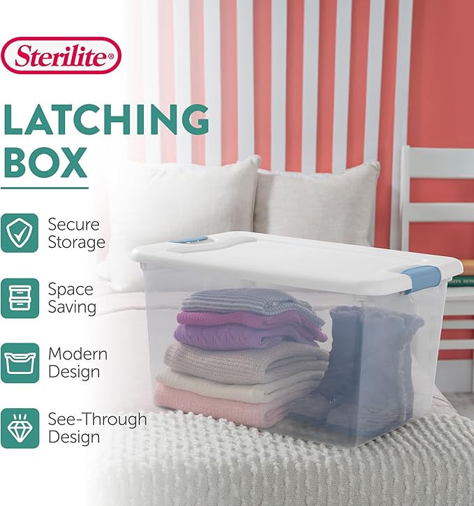 Sterilite Latching Box with Lids for Home and Office, 64 Quart, 4-Pack | Heavy-Duty and Stackable Plastic Containers with Latches for Closet, Cabinet, Bedroom, Bathroom and Dorm Room Organization
