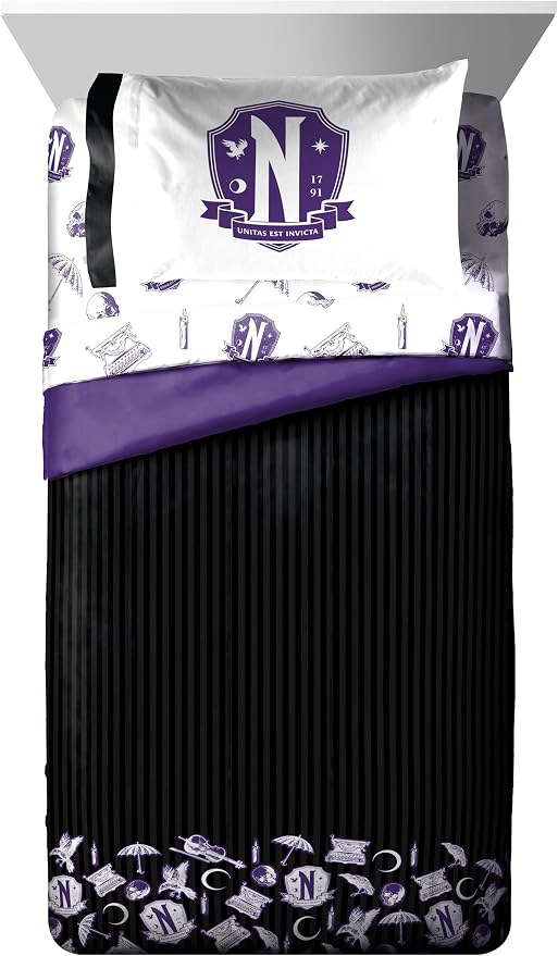 Wednesday Addams Twin Comforter Set 5 Piece Gothic Bedding for Girls, Black | Bed in a Bag, Comforter Sheets Sham Pillowcase, Official Product, Soft Microfiber, Machine Washable, Girls Gift