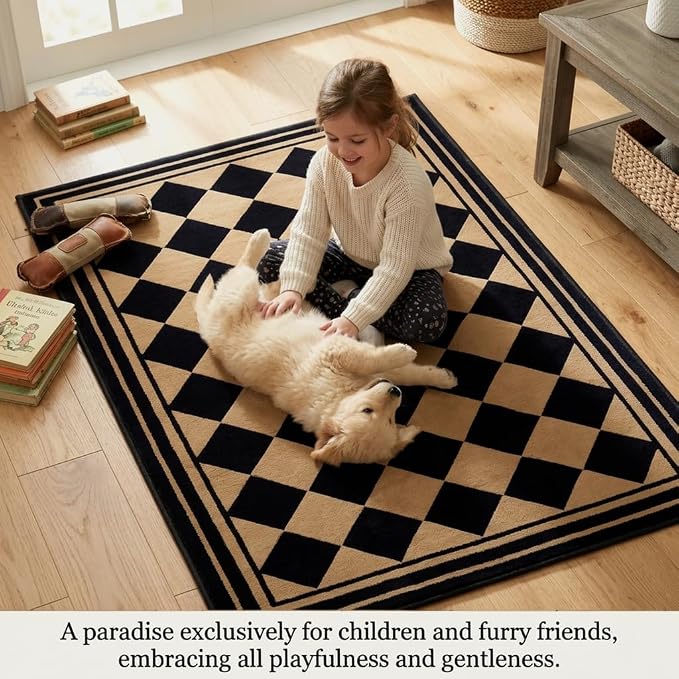 Checkered Rug 3x5, Washable Non-Slip Checkerboard Rug, Black and Tan Diamond Neutral Farmhouse Style Mat for Entryway, Kitchen, Laundry Room, Patio, Porch