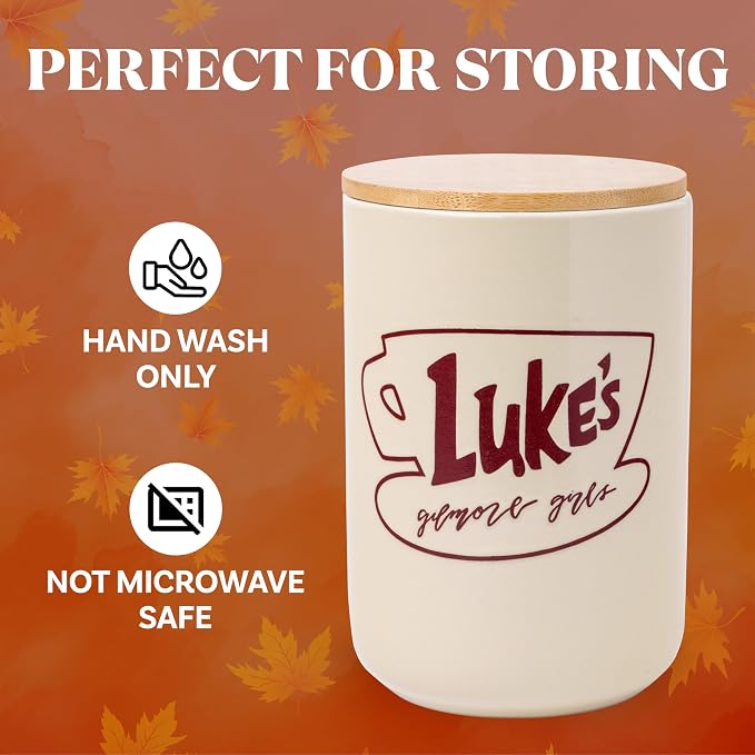 Silver Buffalo Gilmore Girls Wax Resist, Ceramic Cookie Jar, Bamboo Lid | Luke's Cafe Logo, 5 x 5 x 6.5 Inches