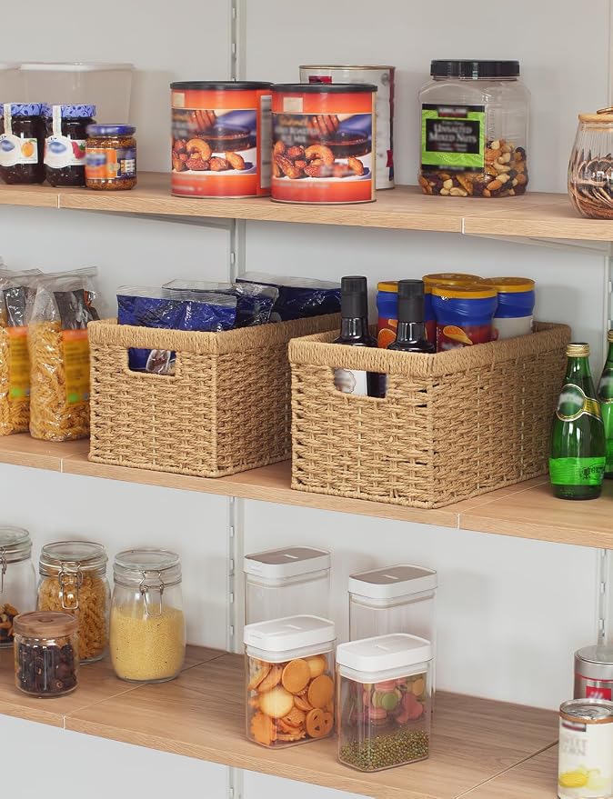 StorageWorks Round Paper Rope Storage Baskets, Rectangular Wicker Baskets with Built-in Handles, Medium, 13" L x 8¼"W x 7" H, 2-Pack