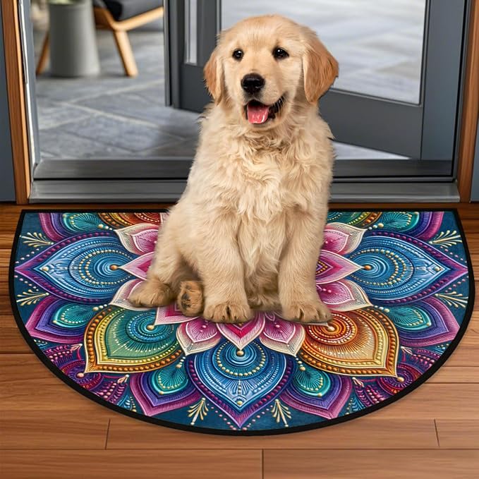 Flower Half Round Door Mat Semi Circle Rug Half Moon Doormat | Soft Washable Colorful Mandala Welcome Entrance Mat for Outdoor Indoor Floor Bedroom Bathroom Home Kitchen Festival Decor