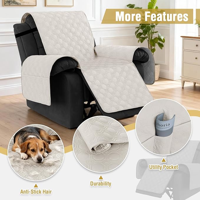 H.VERSAILTEX 100% Waterproof Recliner Chair Covers, Recliner Covers Non-Slip Stay in Place, Thick Cover for Recliner Chair with Pocket, Dog Couch Cover Protector Washable(Beige, 30")
