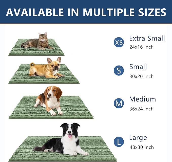 Smiry Dog Door Mat for Muddy Paws 30x20, Absorbent Dirt Trapper, Non-Slip Washable Chenille Entryway Rug for Inside Floor, Olive Green, Layered Pattern