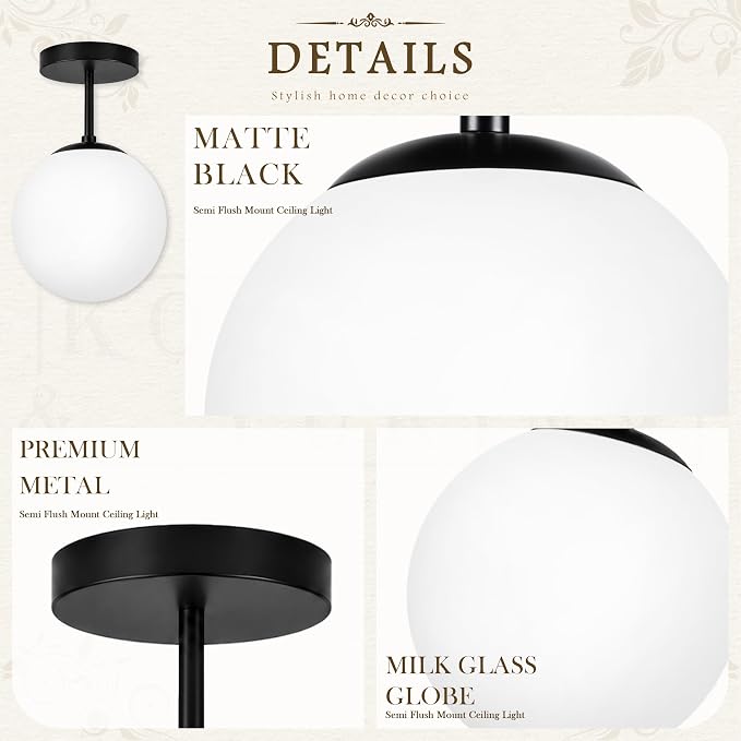 6" Mid Century Modern Globe Semi Flush Mount Ceiling Light Fixture Frosted Glass with Black Finish1-Light Globe Glass Ceiling Lights for Aisle Porch Stairway Closet Kitchen Laundry Room (Bulb Incl.)