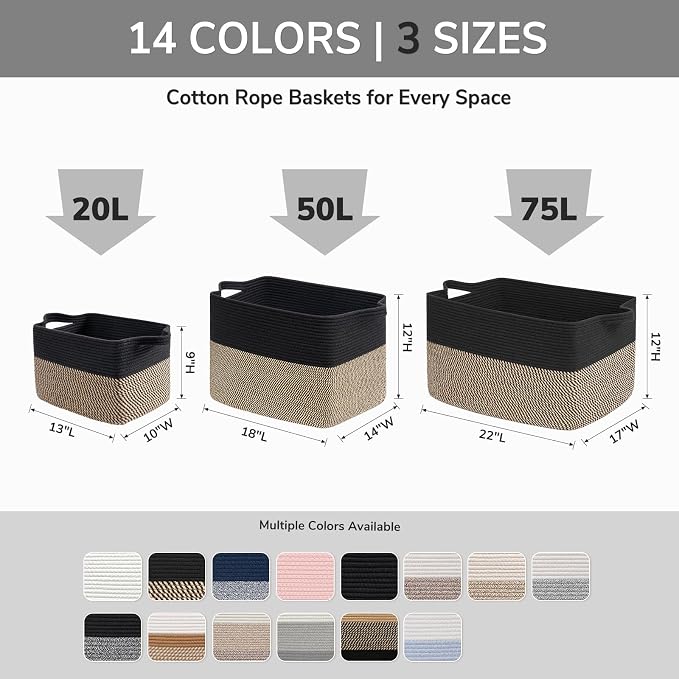 Goodpick Cotton Rope Basket with Handles, 13" x 10" x 9", Black & Gray | Decorative Storage Basket for Toys, Books & Daily Essentials Storage, Closet & Shelf Organization, Rectangle Design