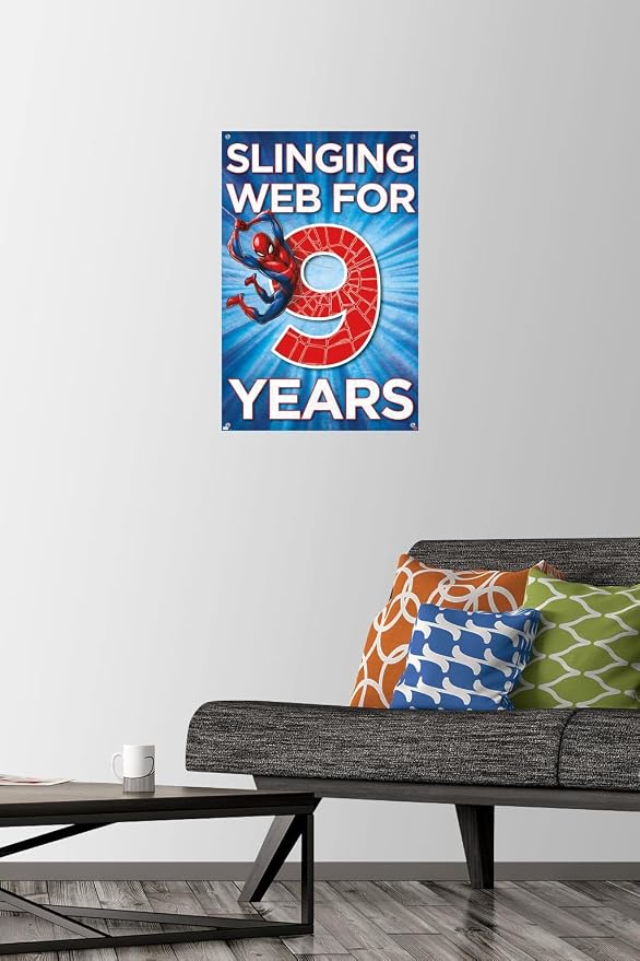 Trends International Marvel Spider-Man - Happy 9th Birthday Wall Poster, 14.72" x 22.37", Premium Poster & Push Pin Bundle