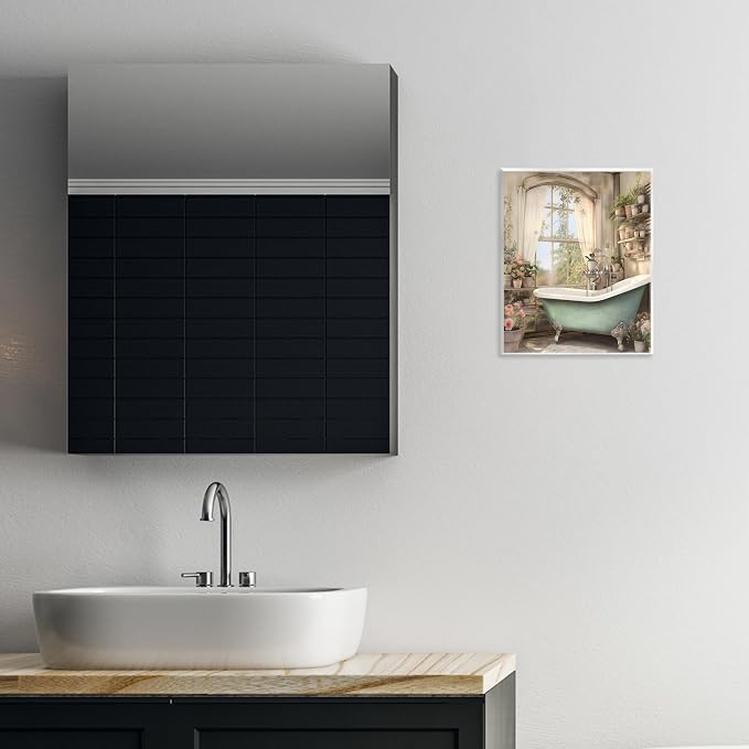 Bathroom Floral Filled Shelves, 11 x 14 Inch Mounted Print on Wall Plaque | Stupell Industries · By Lettered and Lined · Ready to hang once unboxed · Made in USA