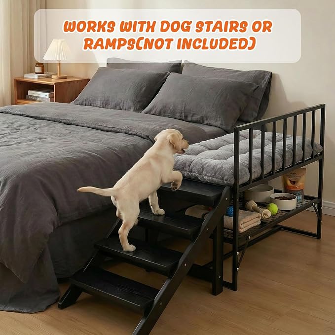 Leinuosen Adjustable Bedside Dog Bed for Large Dogs, 44"x39" Metal Co Sleeper Frame with Storage Shelf, Washable Cushion, 300 lb Capacity, Black