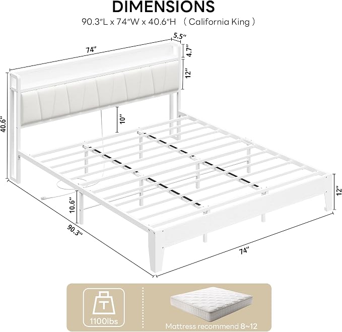 LIKIMIO California King Bed Frames, PU Leather Storage Headboard with Charging Station, Solid and Stable, Noise Free, No Box Spring Needed, Easy Assembly, White