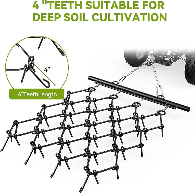 AUTOSAVER88 4'x 4' Heavy Duty Drag Harrow,1/2in Tines,Chain Drag Harrow Compatible with Tractors ATV UTV Lawn Tractor, Black