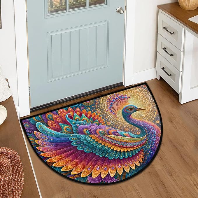 Peacock Half Round Door Mat Semi Circle Rug Half Moon Doormat | Soft Washable Mandala Decorative Welcome Entrance Mat for Outdoor Indoor Floor Bedroom Bathroom Home Kitchen Festival Decor
