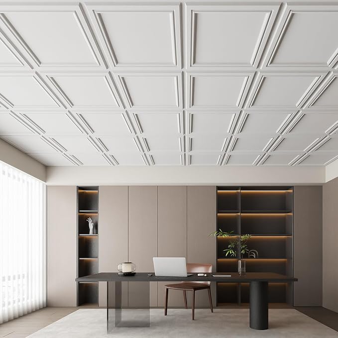 Art3d 12 Pack PVC Ceiling Tiles 24x24 Inches Waterproof Drop Ceiling Tiles/Wall Panels for Interior Wall Decor, Covers 48 Sq.,ft, Snow White | PVC, Water Resistant, Shatterproof, Fade-Resistant, Compatible with Grid System, Versatile for Living Room, B...