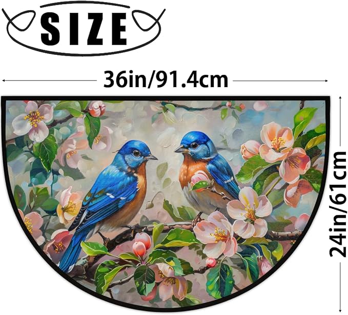 Flower Bird Oil Painting Half Round Door Mat Non-Slip Soft Doormats for Home Indoor Outdoor Entrance Bath Carpet Area Rugs for Home Dining Living Room Bedroom 36" X 24"