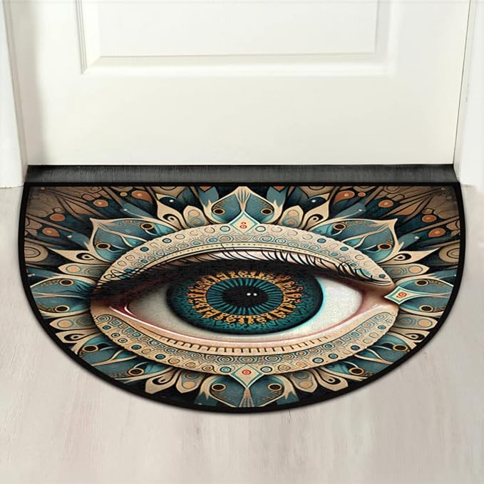 Pardick Evil Eye Half Round Doormat Boho Eye Semi Circle Area Rug Non Slip Indoor Outdoor Entrance Half Moon Rug Absorbent Durable Washable Front Floor Mat for Kitchen Bedroom Patio Fireplace Eye Pad