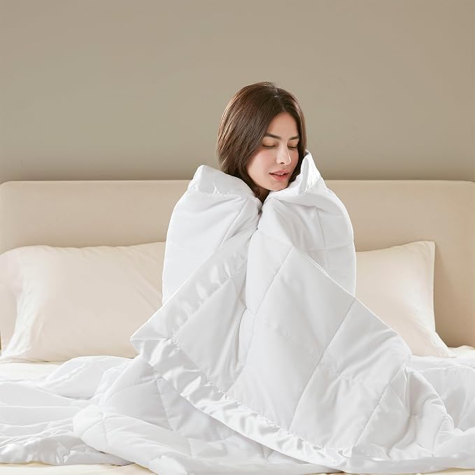 Madison Park Down Alternative Twin Size Blanket for Bed, Satin Trim, White | Lightweight Windom Blanket Premium 3M Scotchgard Moisture Wicking Treatment, OEKO TEX, Soft Bed Cover, All Season