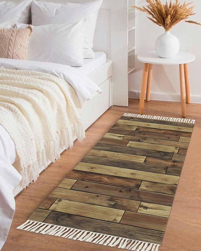 Brown Kitchen Hallway Runner Rug 2X5 Ft Carpet, Washable Woven Vintage Country Wooden Grain Throw Carpet with Tassel, Non-Shedding Farmhouse Cabin Retro Plank Stitching Art Entryway Laundry Rugs