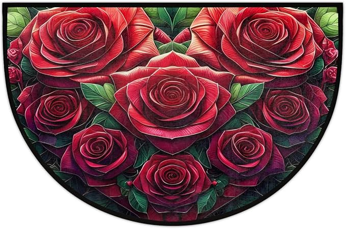 cfpolar Half Round Door Mat Flower Red Rose Non-Slip Semi Circle Area Rug Washable Half Moon Hearth Rugs for Indoor Outdoor Bathroom Kitchen Patio Runner Mat Laundry Room Home Decoration
