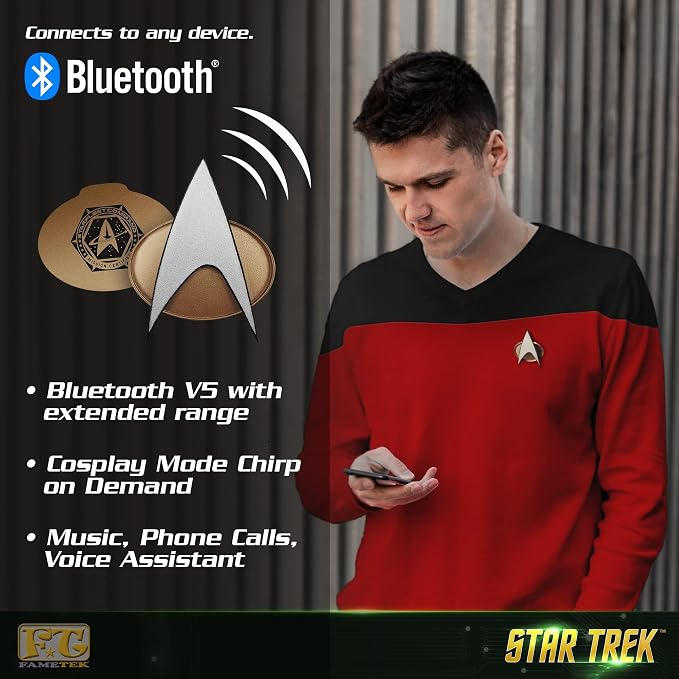 FAMETEK Star Trek Next Generation TNG Bluetooth ComBadge | Connect the TNG Communicator to your phone or PC for calls and texts, Cosplay with Chirping Sound Effect or Home Automation