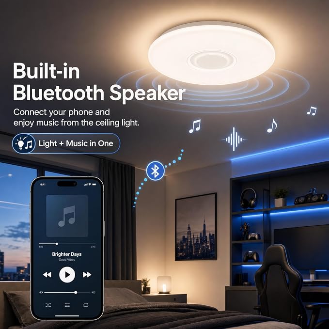 Ceiling Lights with Bluetooth Speaker, 15 inch Smart Ceiling Lamp Compatible with Alexa and Google Home,Room Light for Bedroom, Living Room