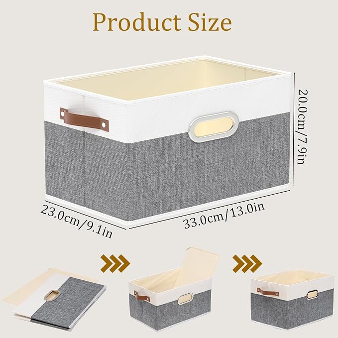 Yawinhe Fabric Storage Baskets,13.0x9.1x7.9in,White/Grey,6-Pack | Foldable Storage Bins for Shelves, Closet Bins for Organization, Collapsible Storage Baskets for Towels, Rectangle Basket