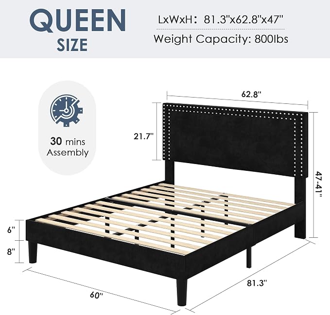 VECELO Queen Size Platform Bed Frame with Height Adjustable Upholstered Headboard, Modern Mattress Foundation,Strong Wood Slat Support, No Box Spring Needed, Easy Assembly,Black