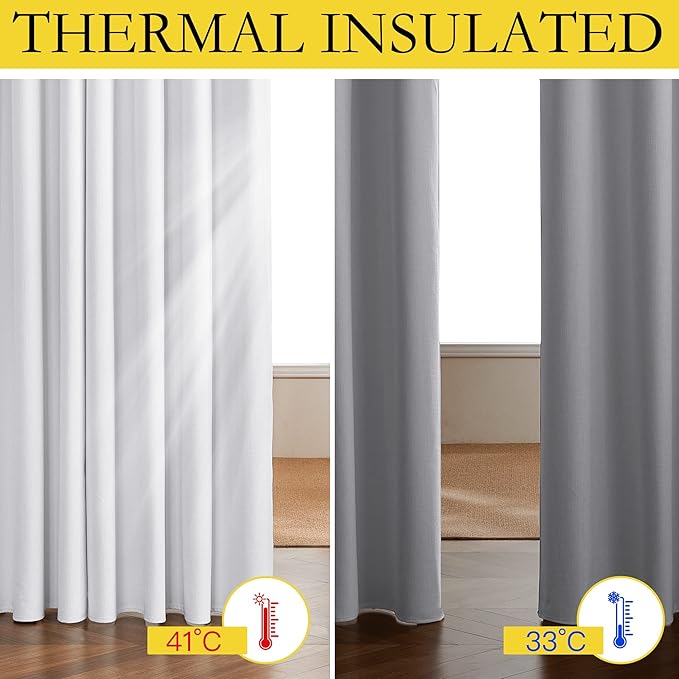 NICETOWN 100% Absolutely Blackout Linen Curtains with Thermal Insulated White Liner, White, 52" W x 63" L, Set of 2, Vintage Linen Textured Privacy Window Treatment Light Blocking for Living Room