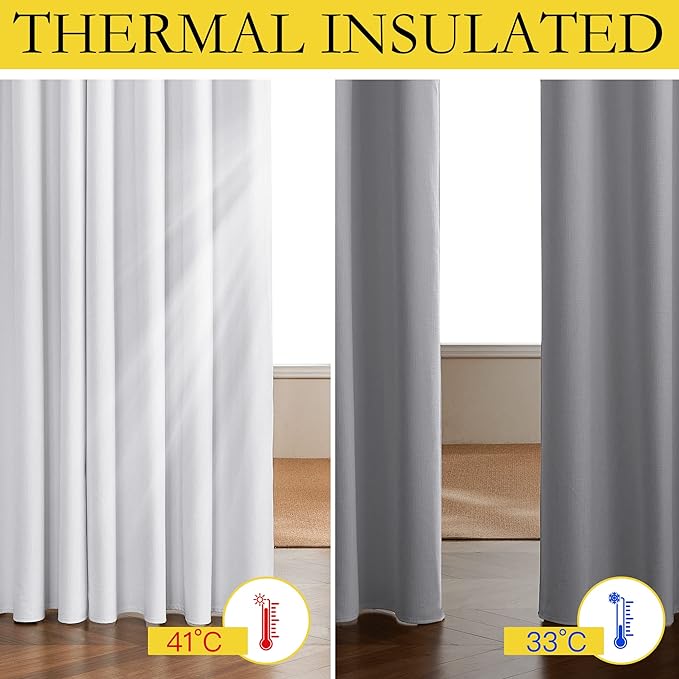 NICETOWN 100% Absolutely Blackout Linen Curtains with Thermal Insulated White Liner, White, 34 inches Wide, 80 inches Length Energy Saving Curtains for Living Room 2 Panels Set, Vertical Blinds