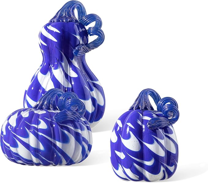 Glitzhome Hand Blown Glass Pumpkin 3pcs Fall Glass Gourd, Blue/White