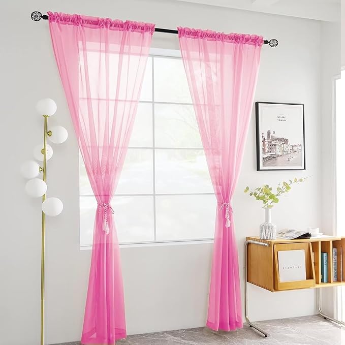youleyar Solid Sheer Rod Pocket Curtain Voile Draperies 2 Panels White Beige Black Grey Ivory 60 Inch Width 63 Inch Long 1 Pair for Kitchen Bedroom Children Living Room Yard (Pink,60Wｘ63L)