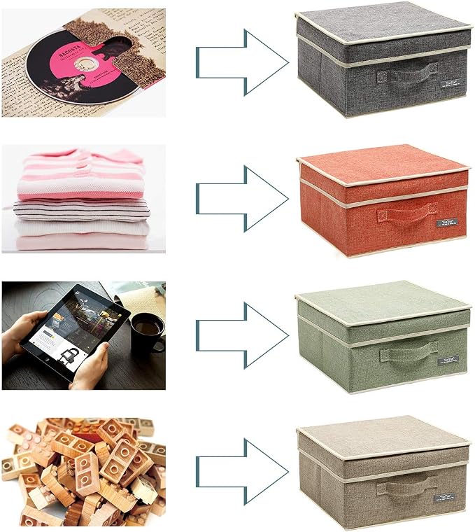 YueYue Fabric Storage Bins with Lids Small 4 Pack, Linen Foldable Storage Box with lids 4 Color Set 12.4in/12in/6.7in
