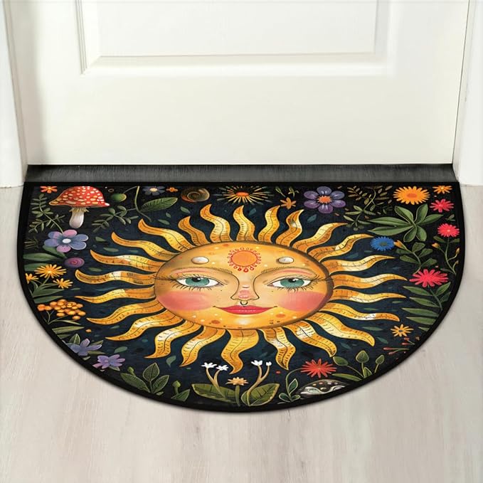 Half Round Doormat Boho Flower Sun Non Slip Half Circle Area Rugs Indoor Washable Half Moon Rug Semi Circle Bathroom Runner Mat Entrance Floor Carpet for Kithen Bedroom Fireplace Decor