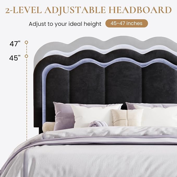 SHA CERLIN Full Size Bed Frame with LED Lights and Storage Drawer, Black | Upholstered Velvet Platform Bed with Adjuatable Wavy Headboard, Noise-Free, Easy Assembly,No Box Spring Needed