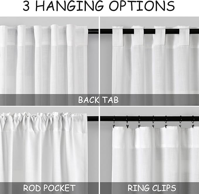Nanspring White Linen Curtains for Living Room Extra Long Back Tab Curtains 2 Panels Set 204 Inches Long Farmhouse Light Filtering Semi Sheer Linen Drapes Ceiling to Floor for Large Window 52x204