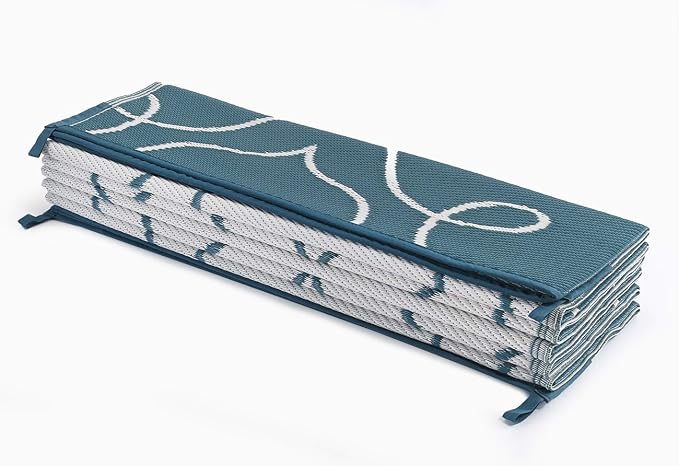 FH Home Outdoor Camping Rug - Waterproof, Fade Resistant, Reversible - Premium Recycled Plastic - Moroccan Lattice Tile - Large Patio, Deck, Sunroom, RV - Syracuse - Sea Green - 9 x 12 ft Foldable