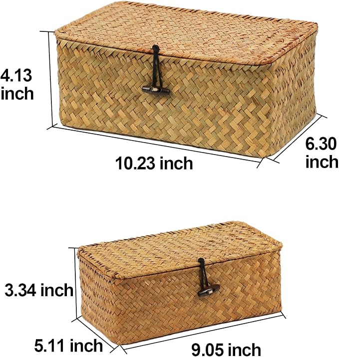 Seagrass Wicker Storage Baskets with Lids, Set of 2, Natural | Small and Medium Storage Boxes, Shelf Organizer Bins, Rectangular Woven Design, Multipurpose Home Storage, Natural Decor