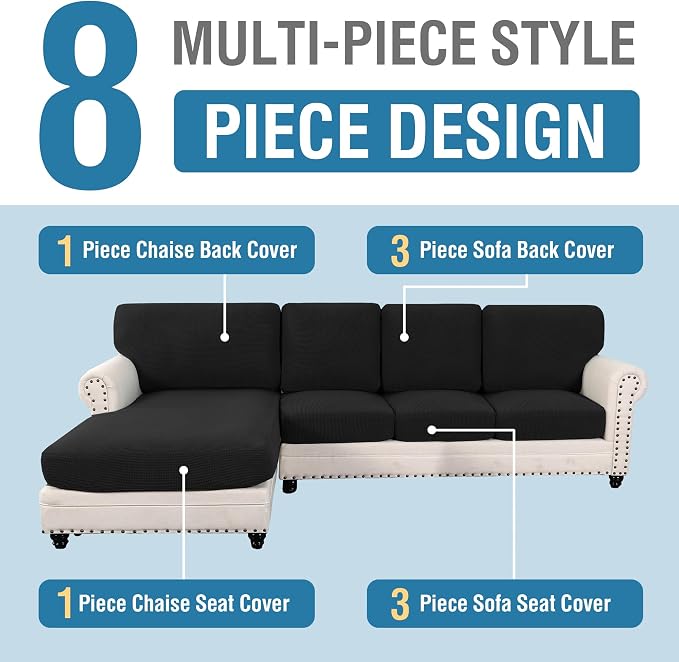 H.VERSAILTEX Sectional Couch Covers 8 Pieces Stretch Sofa Covers for Sectional Sofa Set Separate L Shaped Couch Cover for Both Left/Right Couch (Seat and Back: 1 Chaise + 3 Sofa, Black)