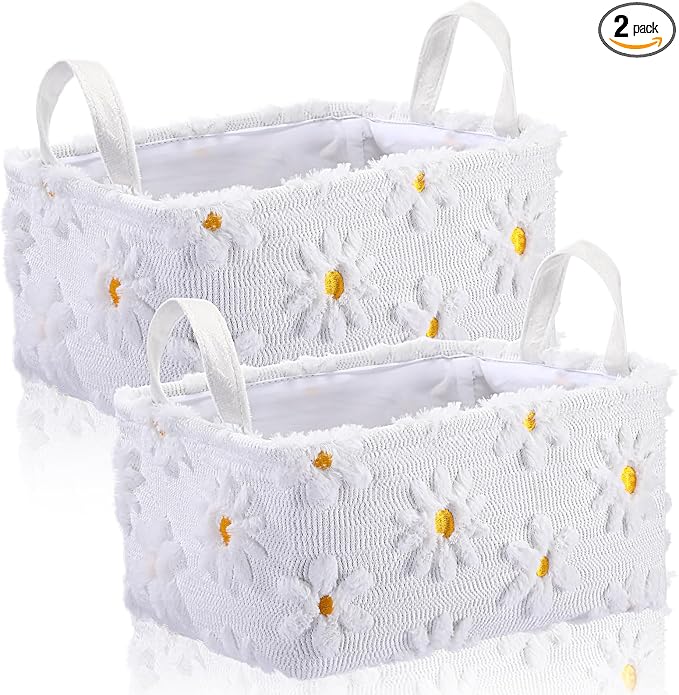2pcs White Daisy Storage Basket 14x10''Back to School Gift Basket | Foldable, Fluffy, Laundry, Storage Bin with Handle, Floral, Closet Organizer, Preppy Dormitory, Countertop Tabletop Shelf