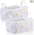 2pcs White Daisy Storage Basket 14x10''Back to School Gift Basket | Foldable, Fluffy, Laundry, Storage Bin with Handle, Floral, Closet Organizer, Preppy Dormitory, Countertop Tabletop Shelf