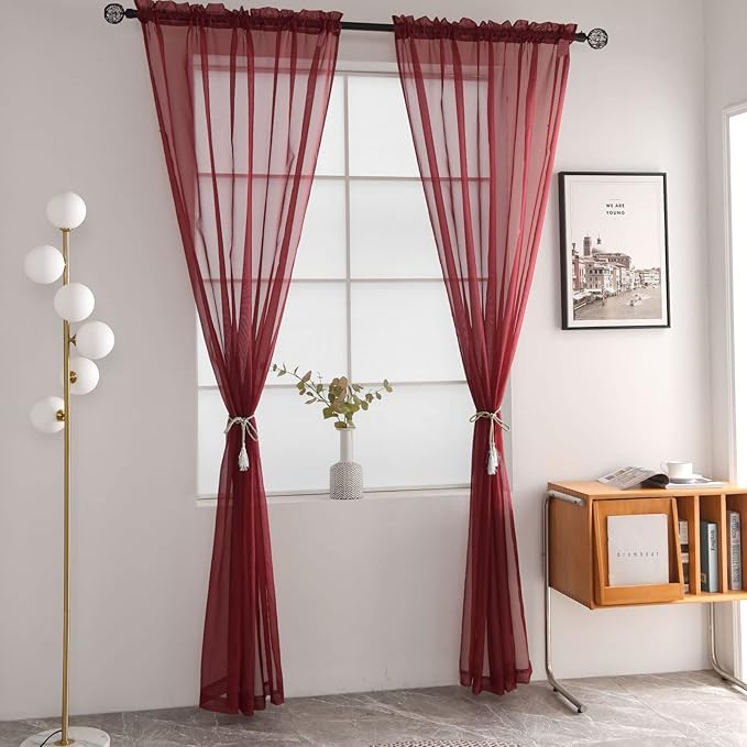 SpaceDresser Basic Rod Pocket Sheer Voile Window Curtain Panels Burgundy 1 Pair 2 Panels 52 Width 108 Inch Long for Kitchen Bedroom Children Living Room Yard(Burgundy,52 W x 108 L)