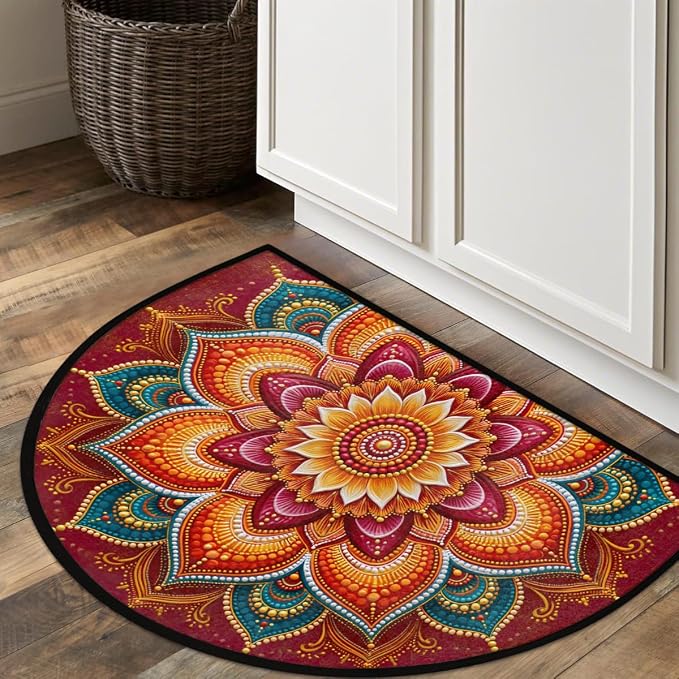 Flower Half Round Door Mat Semi Moon Rug Fireplace Carpet Area Rugs | Colorful Boho Non Slip Absorbent Half Circle Mat Carpet for Indoor Outdoor Patio Kitchen Bathroom Entryway Home Decor