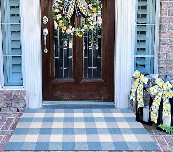Buffalo Plaid Outdoor Rug 27.5''X 43.3' Light Blue White Checked Porch Rug Cotton Woven Washable Rug Layering Doormat for Welcome Door Mat Entryway Dining Room Bedroom Living Room