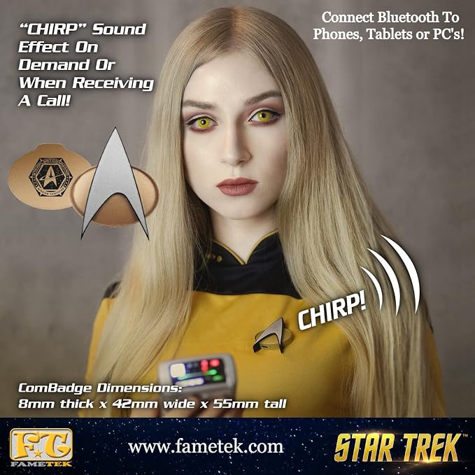 FAMETEK Star Trek Next Generation TNG Bluetooth ComBadge | Connect the TNG Communicator to your phone or PC for calls and texts, Cosplay with Chirping Sound Effect or Home Automation
